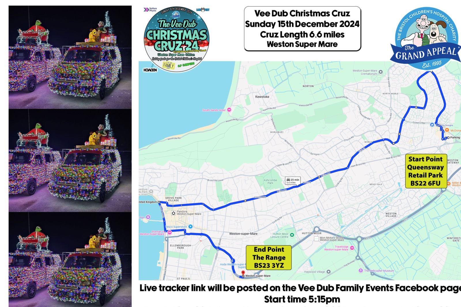 A map showing the route of of the Weston-super-Mare Vee Dub Christmas Cruz and three images of the vehicles  all festooned in Christmas lights that will be taking part in the parade